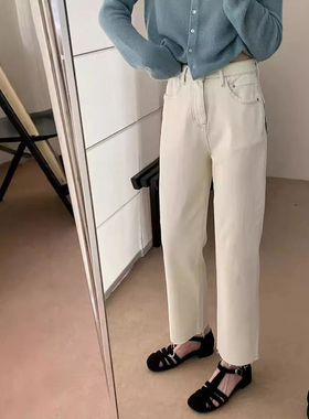 EMONI 杏色高腰小直筒牛仔裤女2024早秋新款裤脚虚边九分裤61445