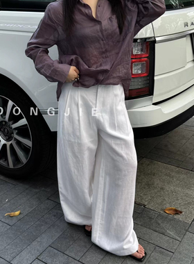 DONGJIE 东捷通勤简约阔腿百搭西裤棉麻阔腿裤白色大码裤子女5001