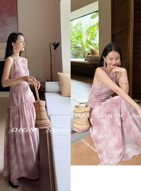 DIGM法式优雅气质复古印花挂脖收腰显瘦度假风连衣裙A60410#