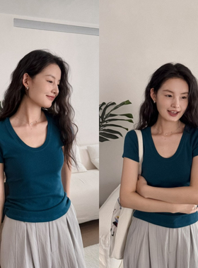 DIGM-0色全员自留韩系简约百搭舒适纯色圆领弹力显瘦短袖T恤60382