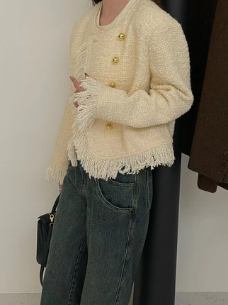 XINYU芯语2024秋冬手工流苏羊毛小香外套设计感短款别致开衫03119