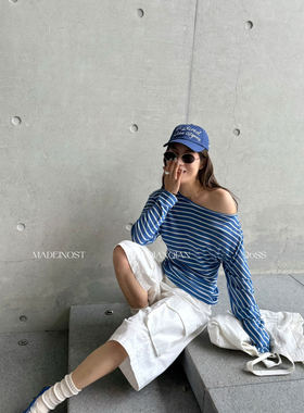MADEIN OST-26年早春30天丝裸感亲肤可斜肩收腰条纹长袖T恤91182