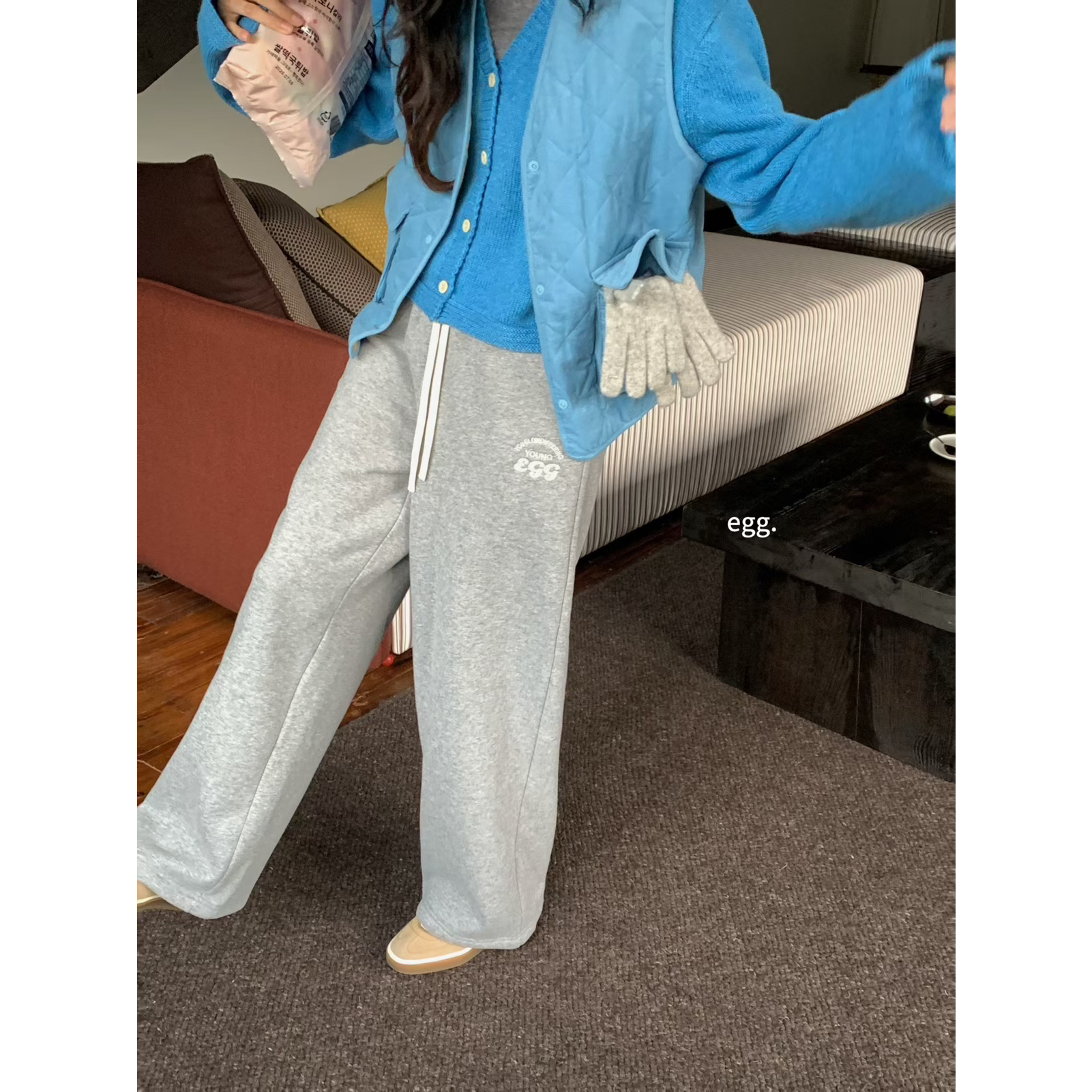 egg.-冬上新简约百搭字母绣花内里加薄绒休闲裤K2927