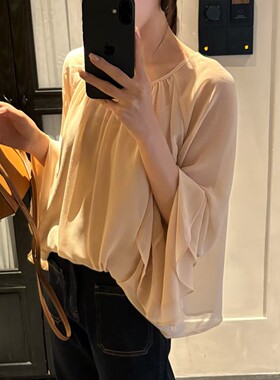 INHERE2026雪纺女衬衫轻奢高级感新款法式荷叶边长袖绝美上衣