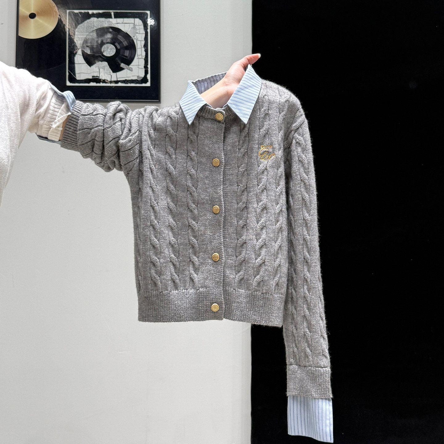 灰色POLO领麻花假两件长袖针织开衫毛衣外套打底衫内搭秋冬上衣女