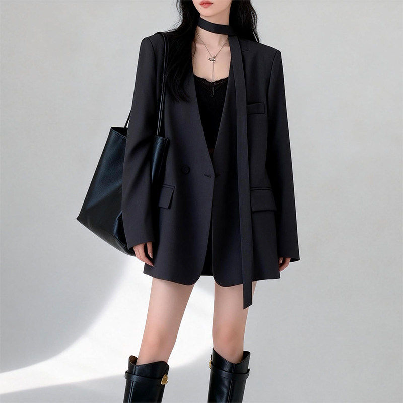 无领飘带西装外套女2026春秋新款休闲宽松显瘦气质西服上衣