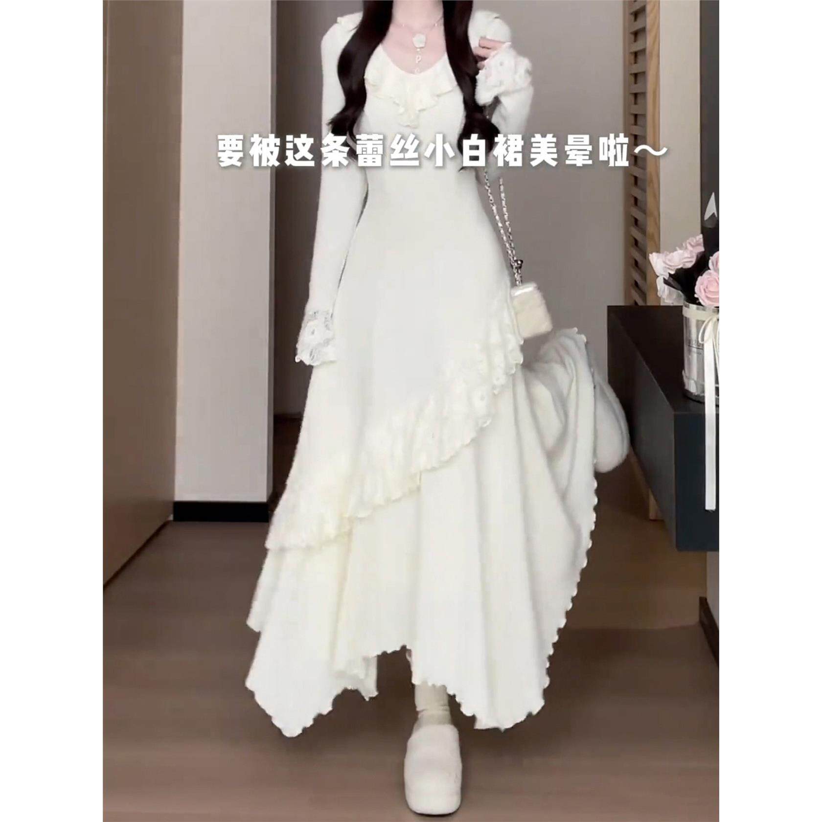 法式白色蕾丝长袖连衣裙子女秋冬季2025新款小个子设计感收腰长裙