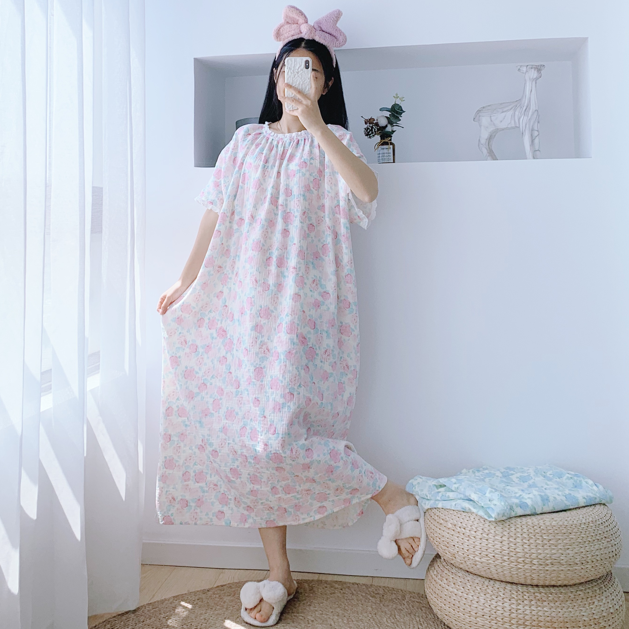 纯棉双层纱加长孕妇睡裙200斤