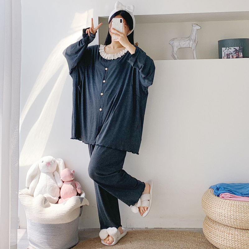 花边莫代尔孕妇睡衣女长袖长裤大码宽松胖MM200斤产后哺乳月子服