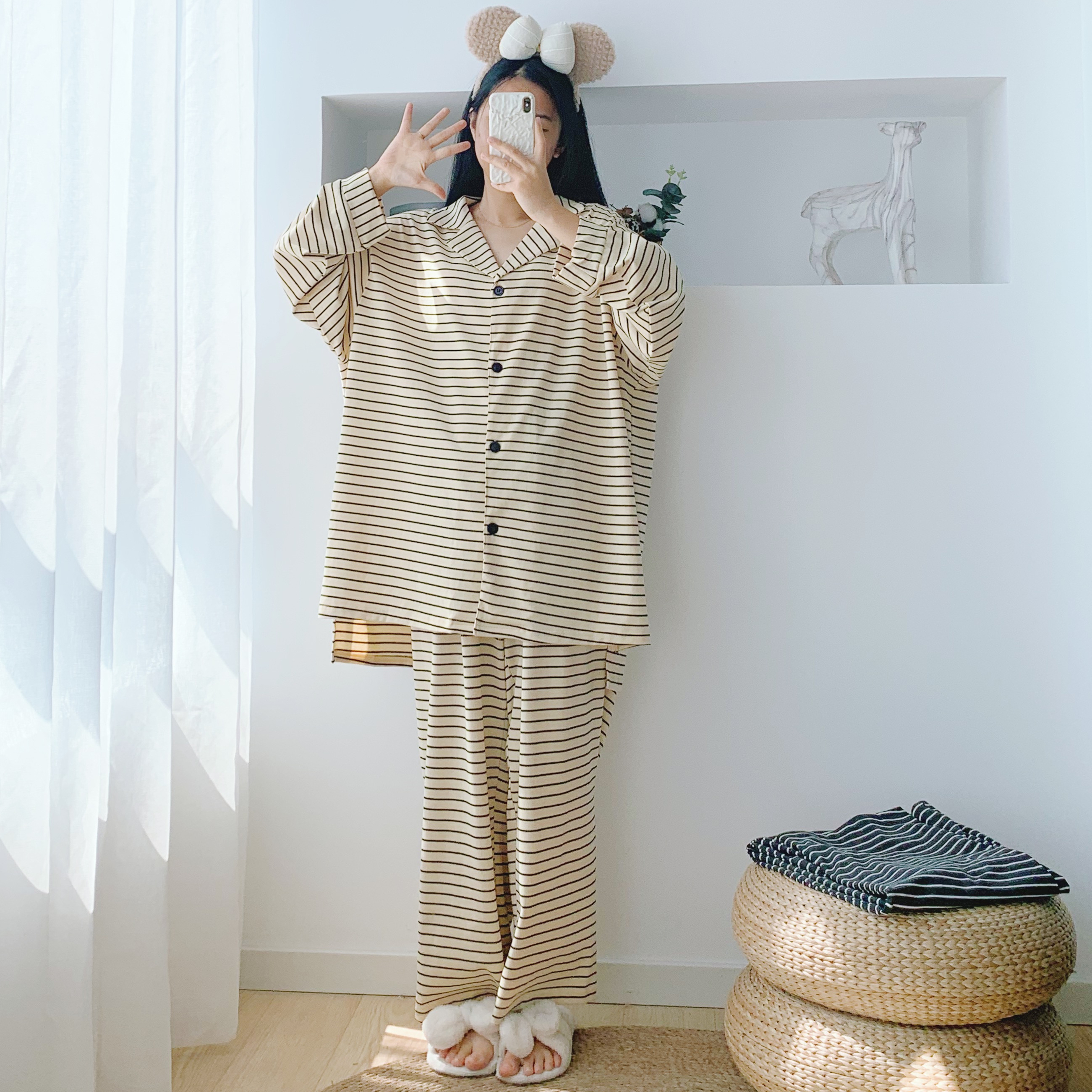 200斤条纹开衫简约长袖纯棉宽松