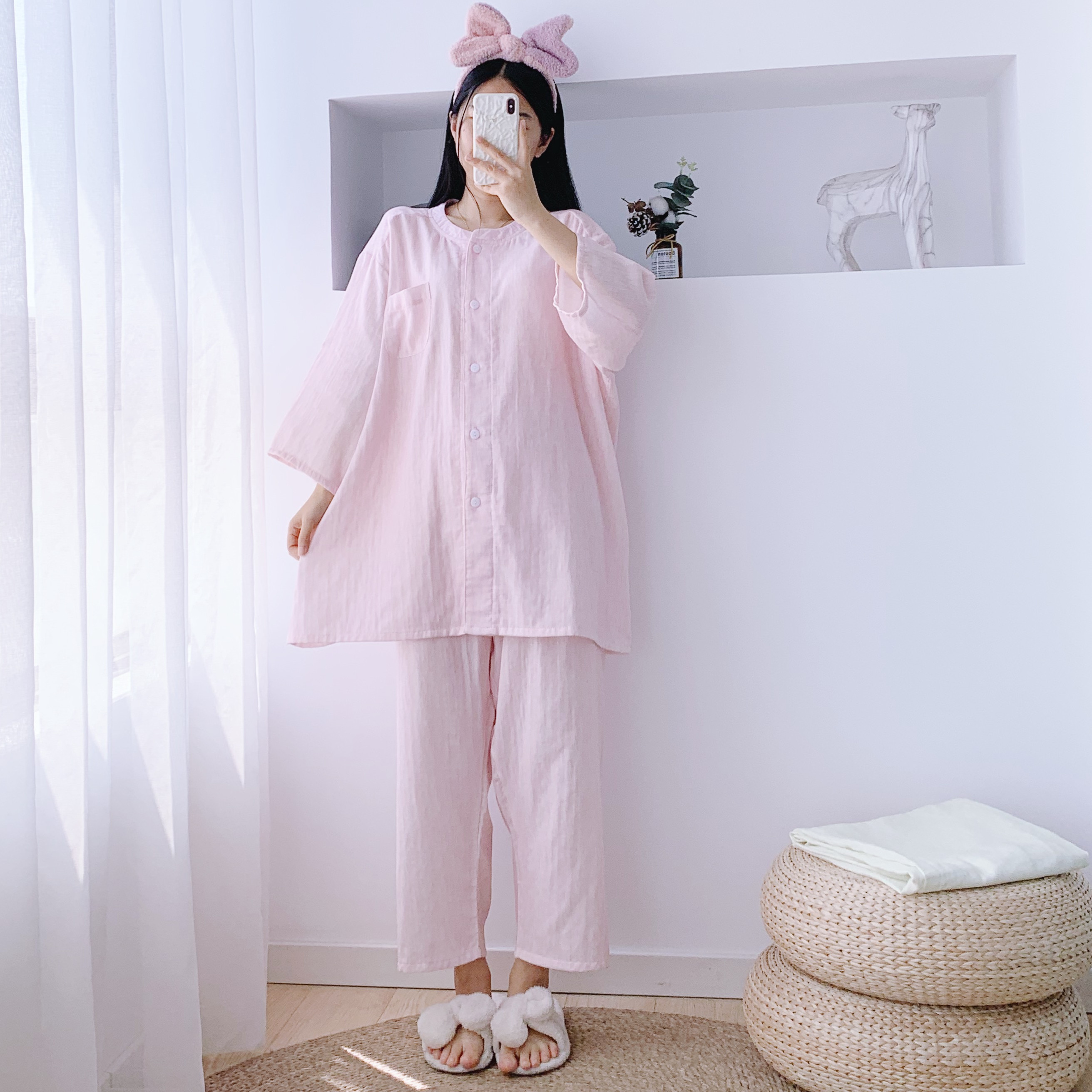 纯棉双层纱大码女睡衣家居服套装