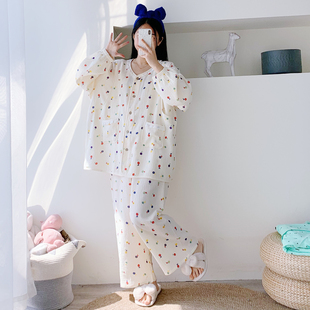 V领花边哺乳纯棉双层纱布开衫睡衣长袖大码宽松胖MM孕产妇月子服