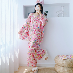 纯棉哺乳双层纱布开衫睡衣V领花边长袖大码宽松胖MM孕产妇月子服