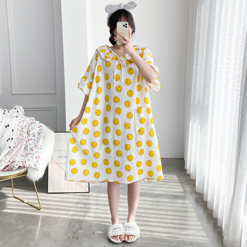 V领卡通纯棉纱布加长大码睡裙夏季短袖裙睡衣宽松孕妇胖MM家居服
