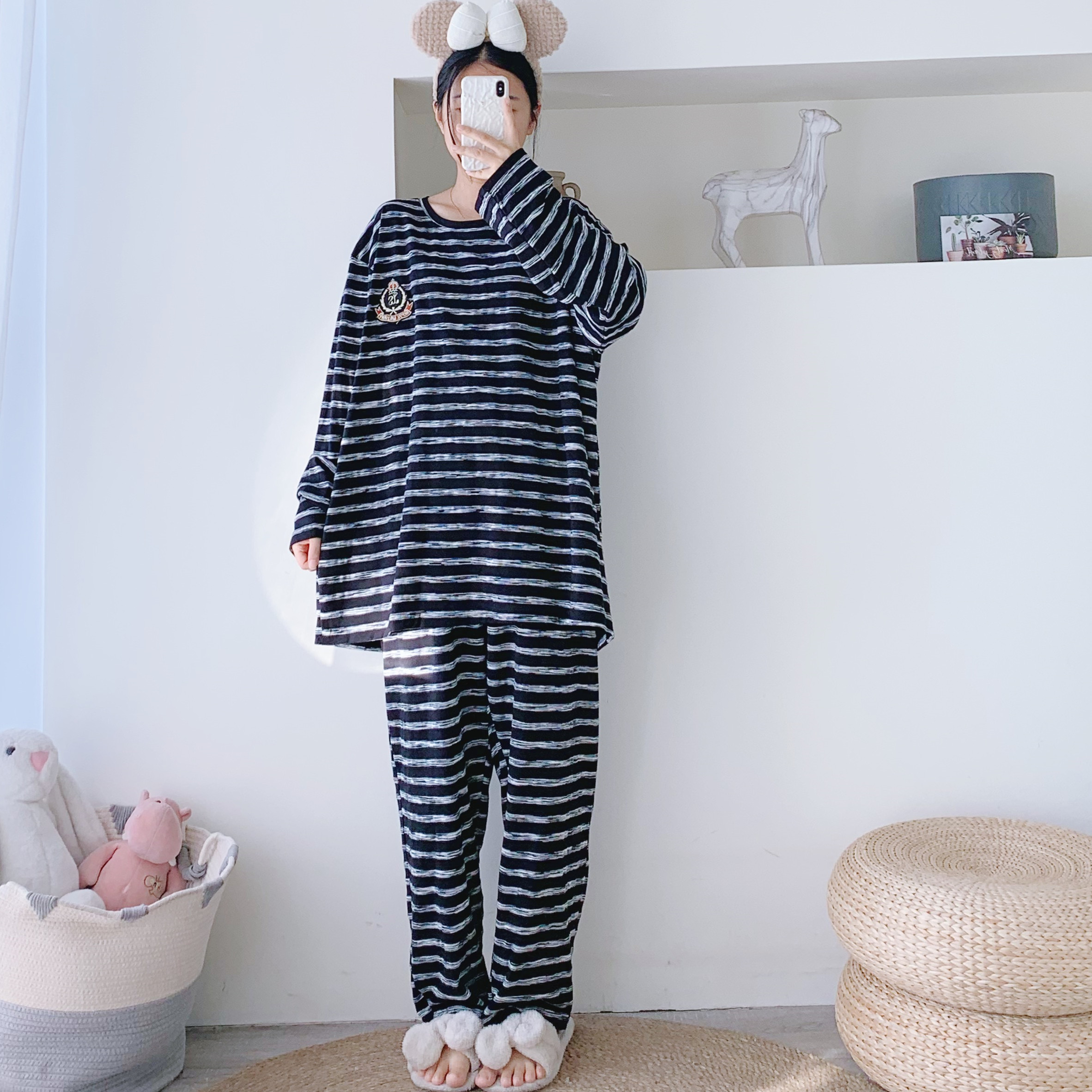 条纹纯棉情侣睡衣春秋大码长袖长裤两件套简约胖mm宽松家居服男女,女士内衣/男士内衣/家居服,睡衣/家居服套装,淘宝优惠券,粉丝福利购,淘宝优惠卷