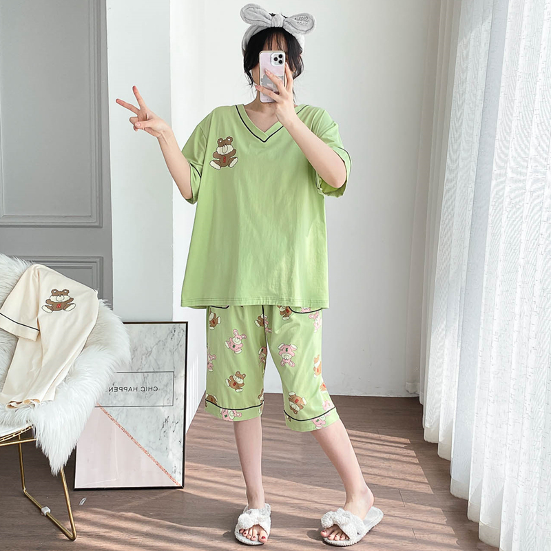 夏季卡通V领加肥大码针织棉开衫睡衣女短袖五分裤宽松胖MM家居服
