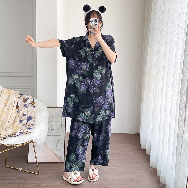 短袖九分裤加大码棉绸睡衣春夏人棉开衫宽松胖mm200斤长款家居服