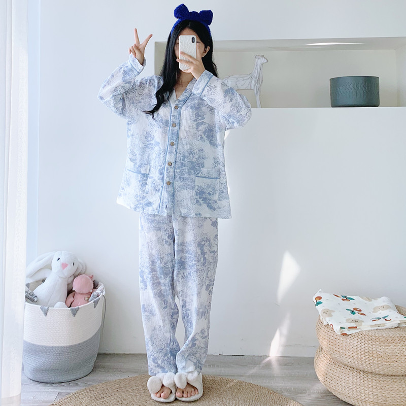 女纯棉双层纱V领家居服睡衣