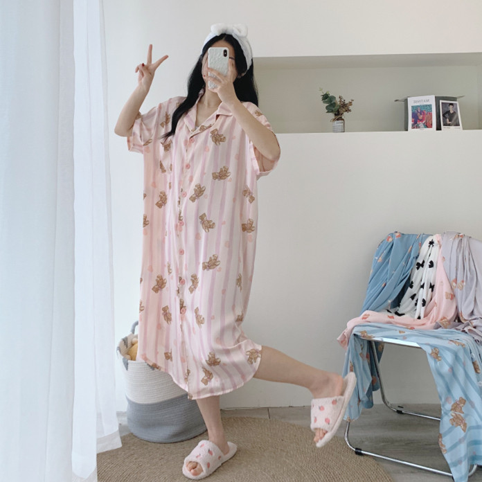 冰雪丝开衫短袖睡裙加大码夏季胖MM连衣裙宽松孕妇200斤家居服女
