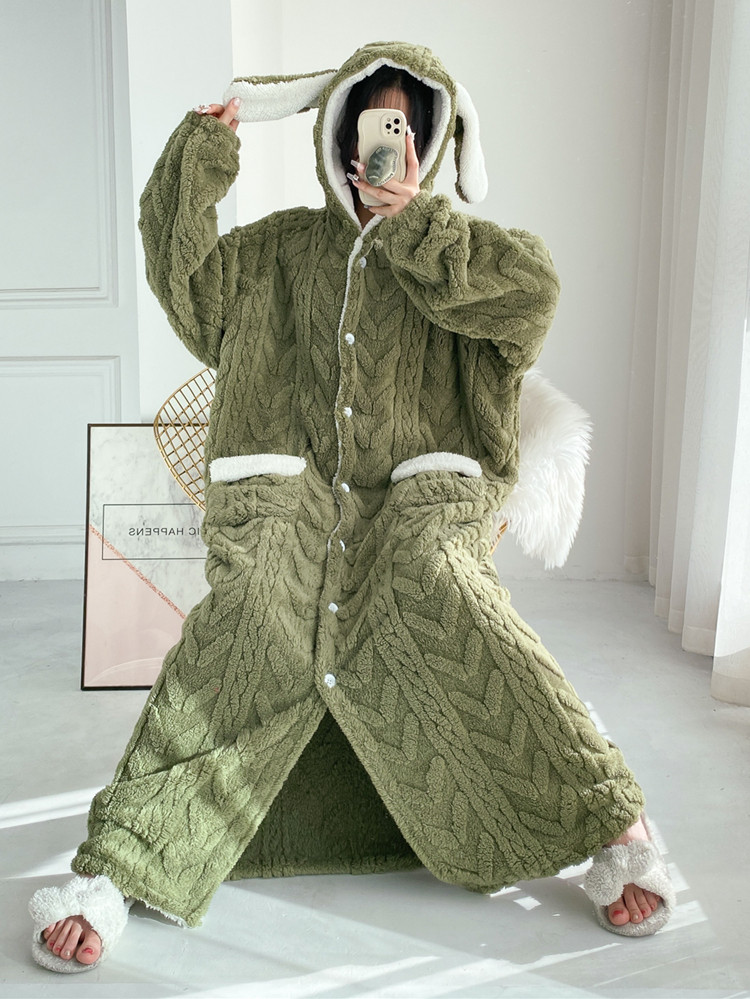 EXTRA LONG JACQUARD FLANNEL NIGHTDRESS CARDIGAN THICKENED ELONGATED NIGHTGOWN LARGE SIZE VELVET LOOSE FAT MM PAJAMAS WOMENS WINTER