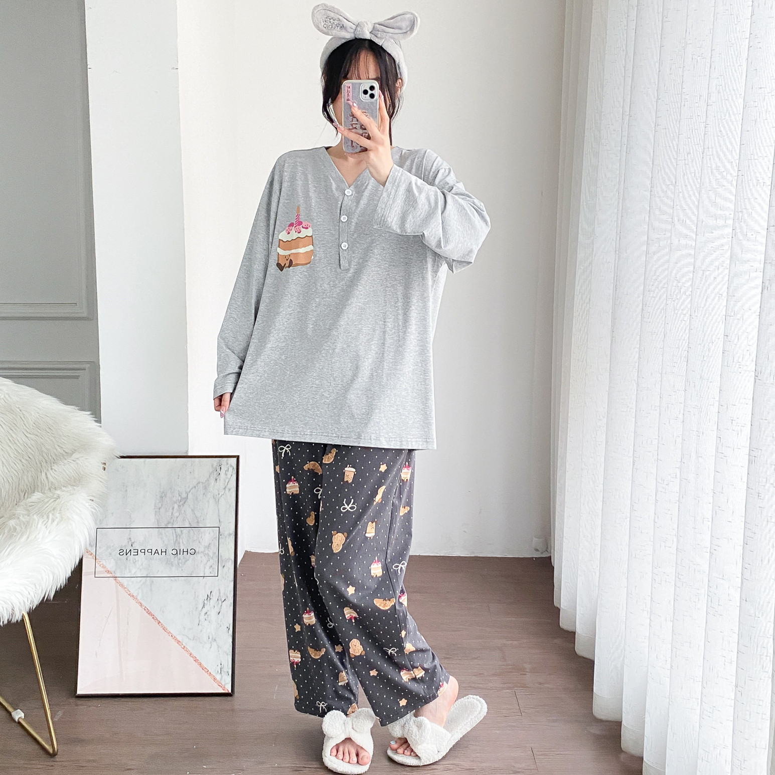 春秋纯棉V领大码女睡衣套装