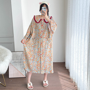 七分袖孕产妇加长大码人造棉睡裙哺乳花边胖MM200斤产后棉绸月子