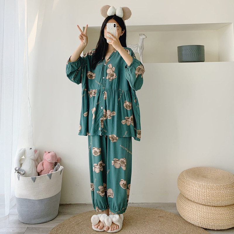 女棉绸卡通睡衣月子服