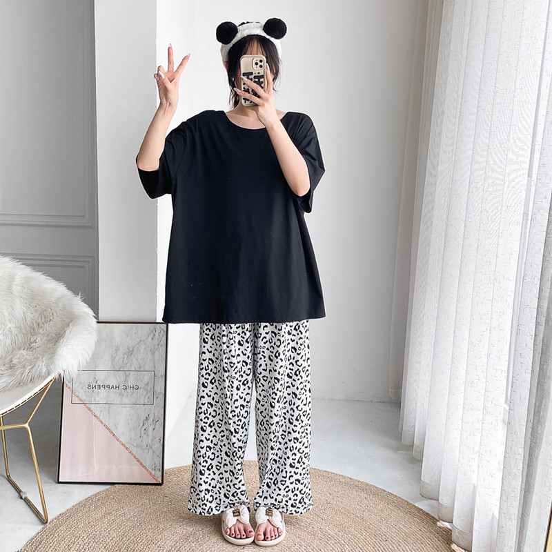 女针织棉豹纹圆领家居服睡衣
