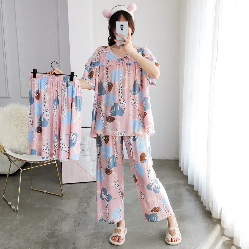 卡通绵绸三件套睡衣女大码短袖短裤夏季胖MM200斤宽松长裤家居服