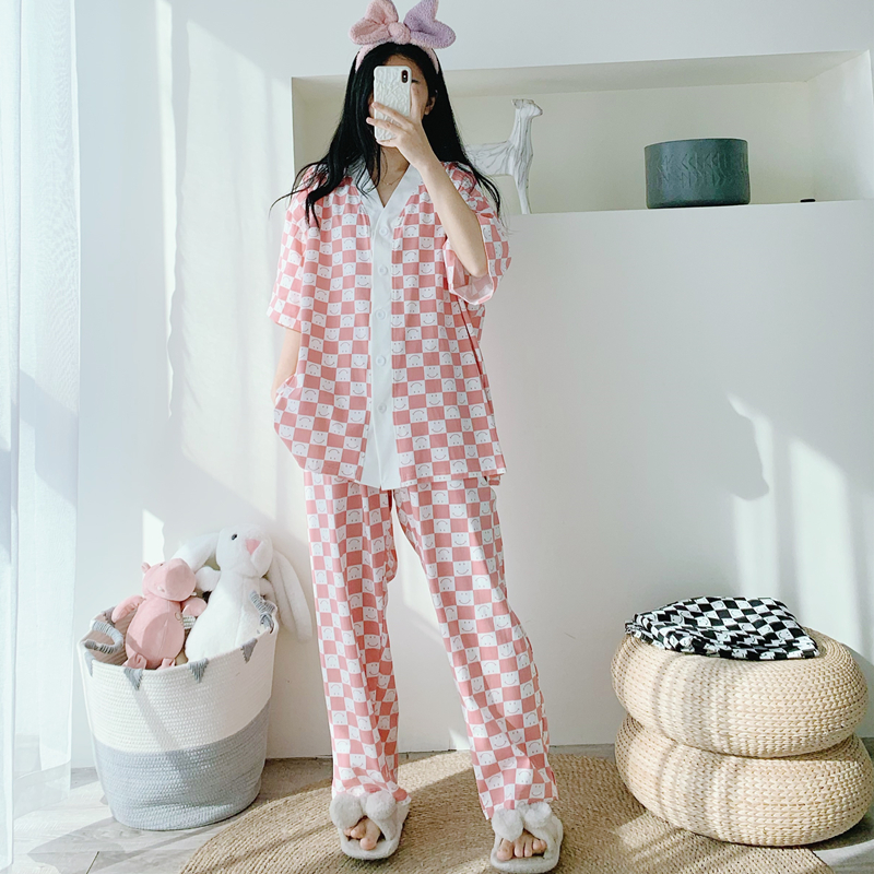 女纯棉格子V领睡衣家居服