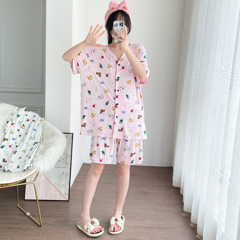 莫代尔夏季卡通加大码V领睡衣女短袖短裤家居服套装宽松胖mm200斤