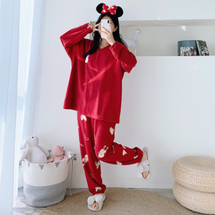 红色V领棉仔绒睡衣女冬季兔子两件套加肥大码胖mm200斤加绒家居服