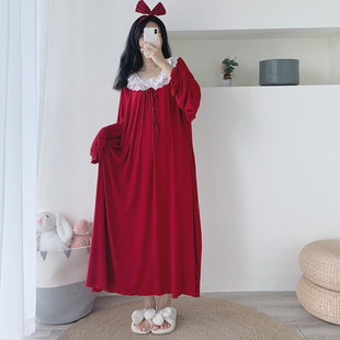 加长莫代尔长袖大码V领花边睡裙长袖春秋孕妇胖MM200斤超长家居服