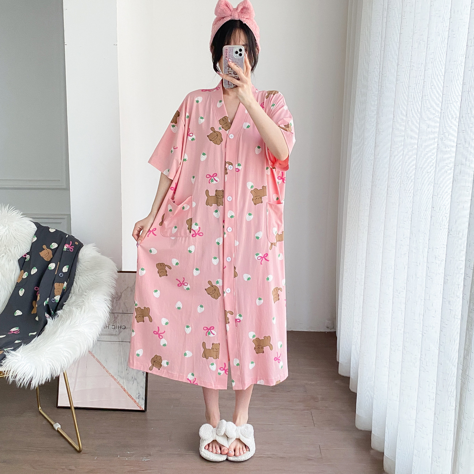 夏季纯棉V领大码孕妇开衫睡裙