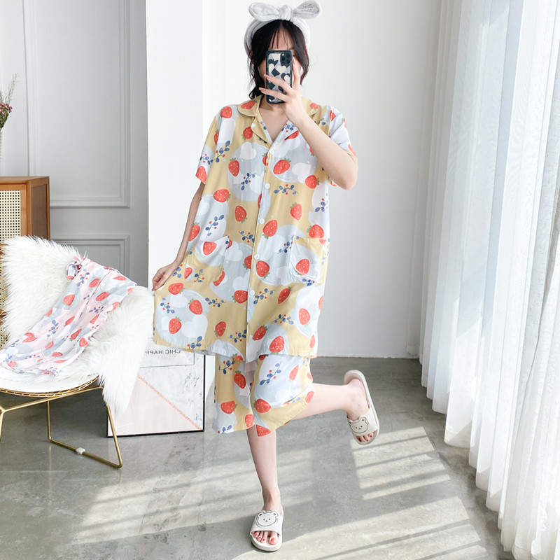 女绵绸短袖七分裤家居服睡衣