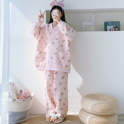 女三层夹棉V领开衫睡衣家居服
