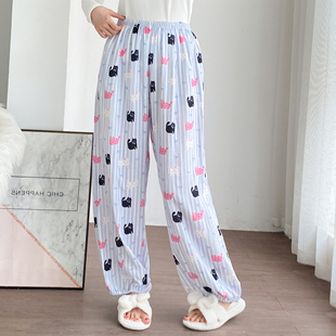 纯棉纱布卡通睡裤春秋加大码简约胖MM200斤宽松休闲百搭家居长裤