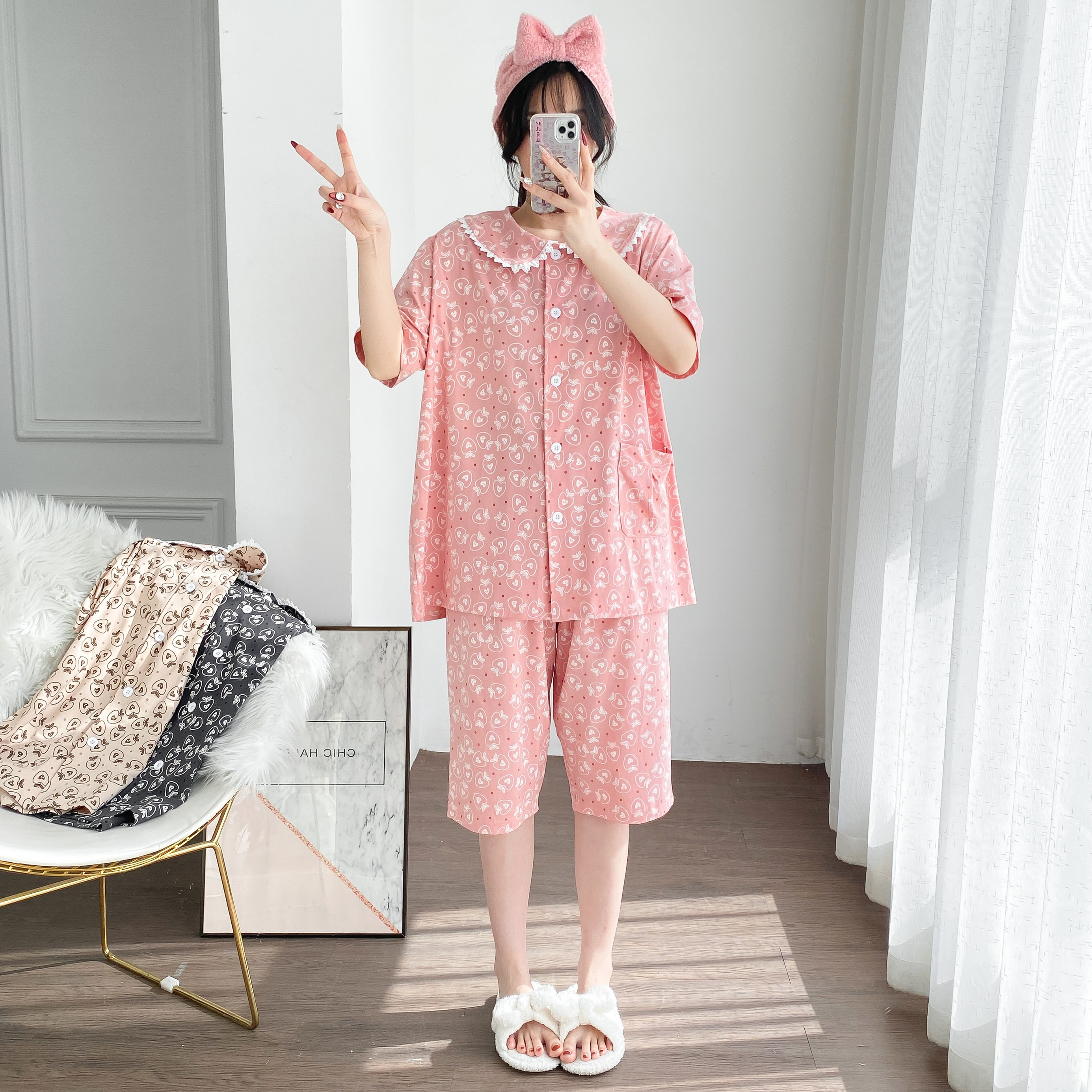 夏季纯棉大翻领大码胖mm睡衣