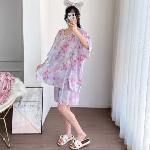 短裤 绵绸睡衣女加大码 国风短袖 夏季 家居服 宽松套装 胖MM200斤薄款