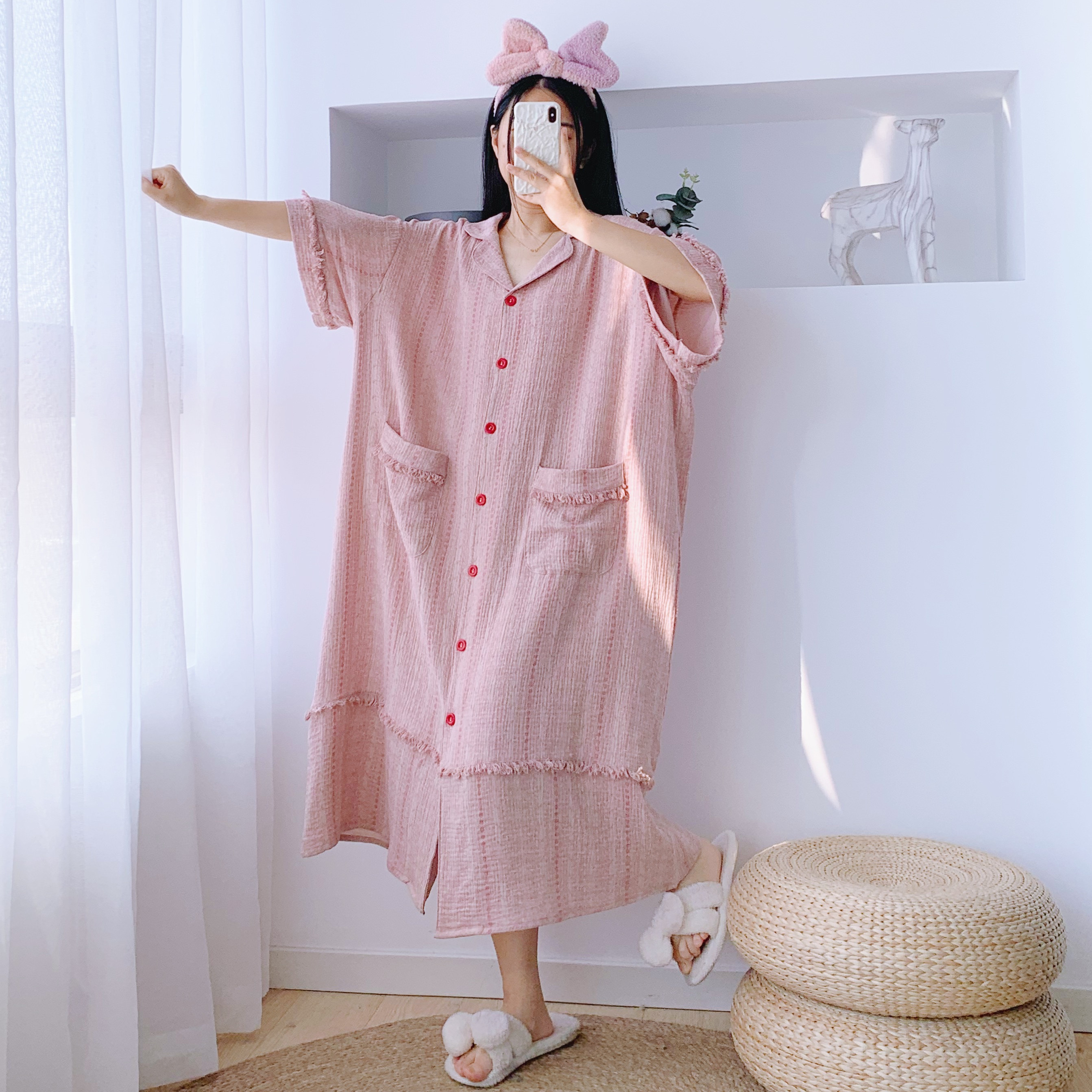 夏季纯棉纱布加长孕妇大码睡裙