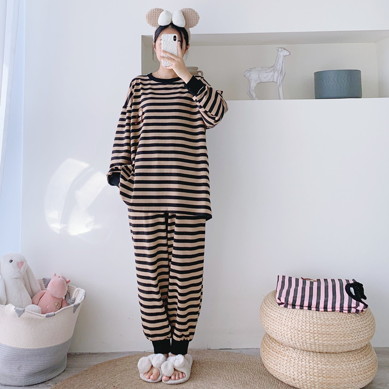女针织棉条纹家居服睡衣