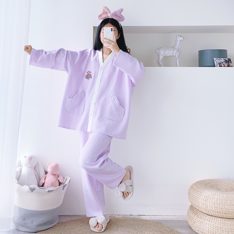女空气层V领开衫睡衣家居服