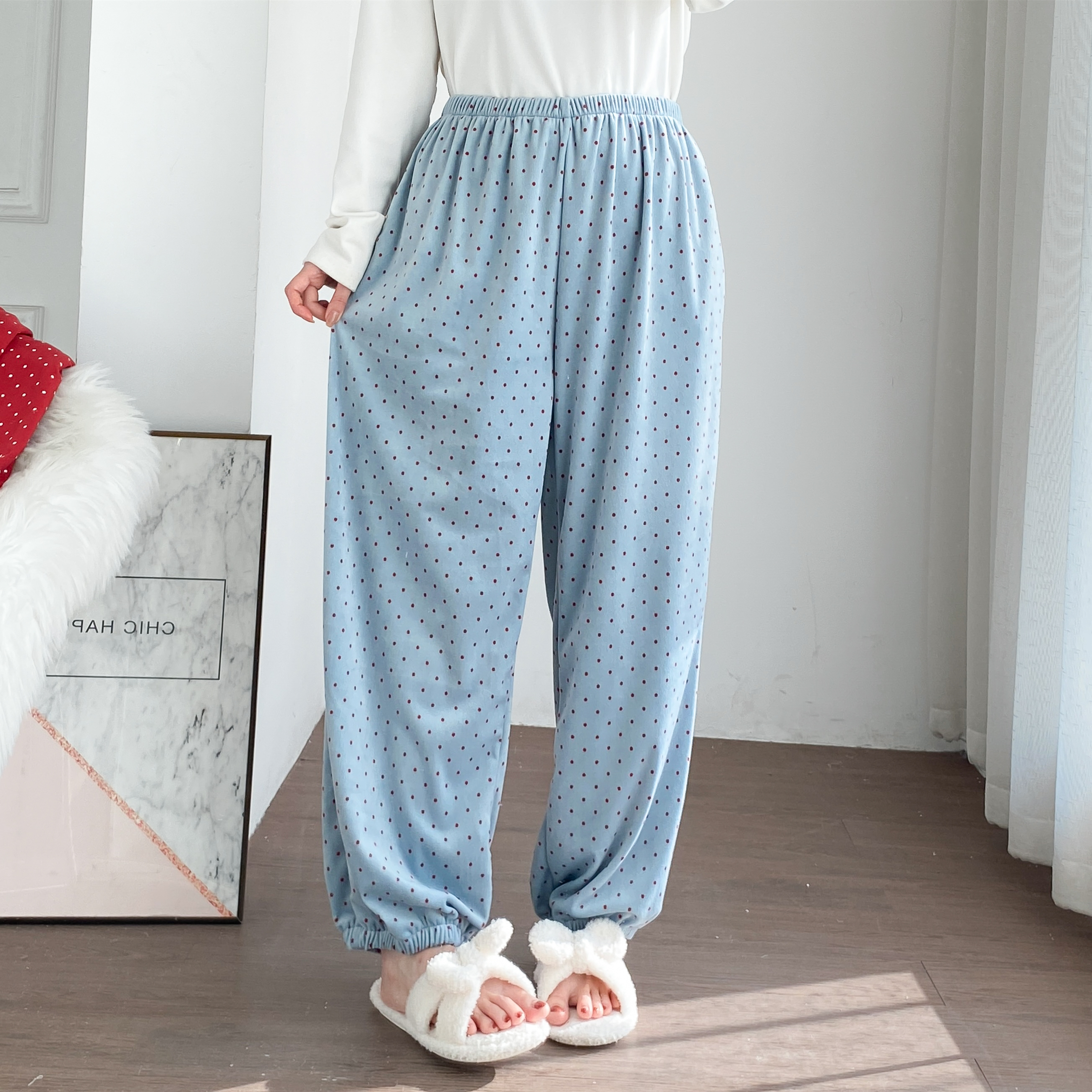 圆点天鹅绒睡裤秋冬加厚大码简约胖MM宽松珊瑚绒休闲百搭家居长裤