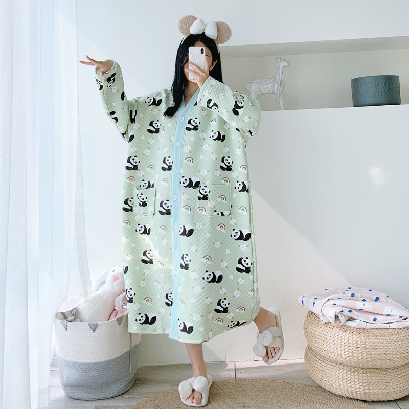 纯棉三层夹棉秋冬简约V领睡裙