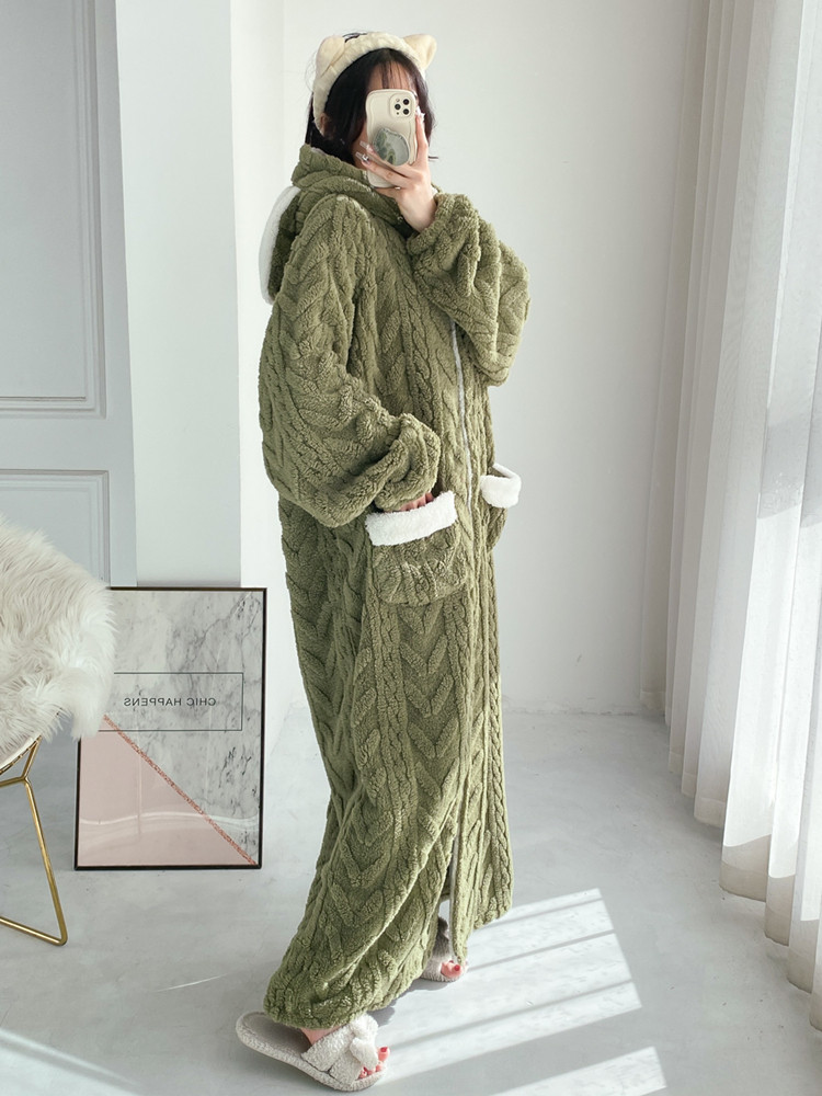 EXTRA LONG JACQUARD FLANNEL NIGHTDRESS CARDIGAN THICKENED ELONGATED NIGHTGOWN LARGE SIZE VELVET LOOSE FAT MM PAJAMAS WOMENS WINTER