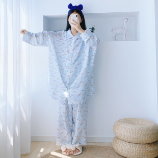 开扣衬衫纯棉双层纱布睡衣女长袖长裤加大码胖mm200斤宽松家居服