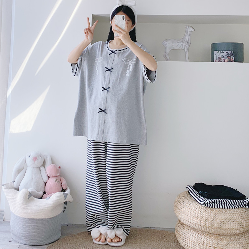 加大码条纹短袖长裤家居服睡衣女