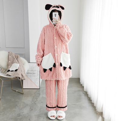 女法兰绒提花开衫连帽睡衣家居服