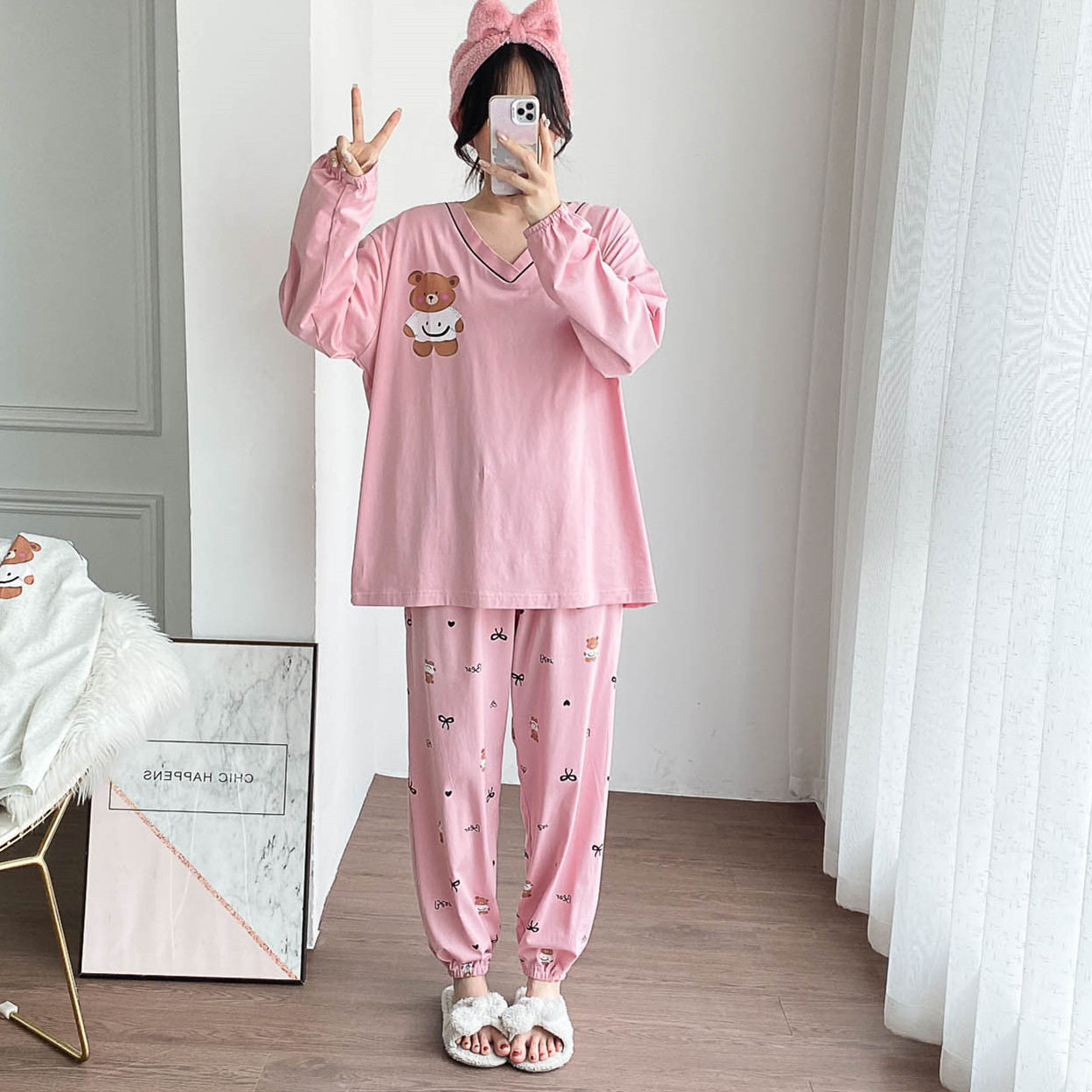 女针织棉V领卡通家居服睡衣
