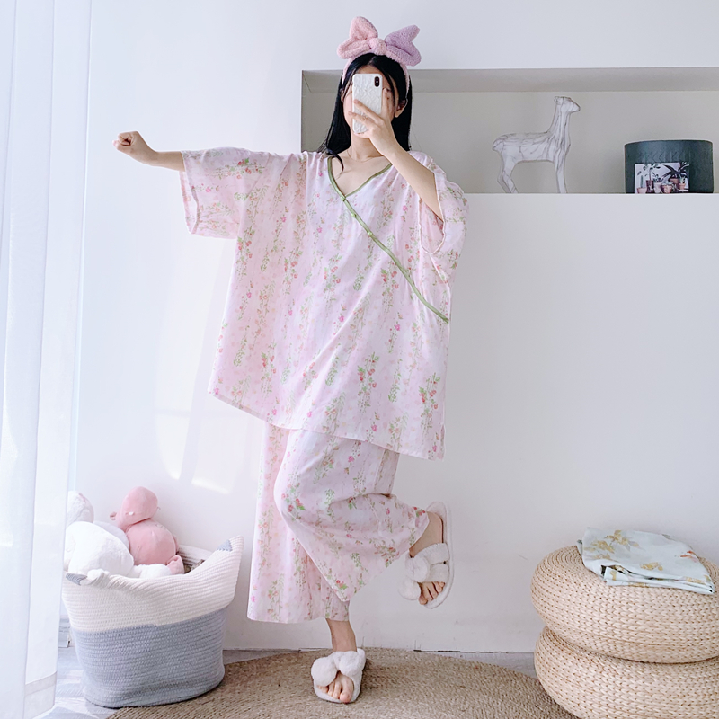 V領短袖七分褲國風加大碼家居服